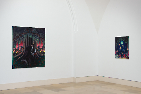 Cutting the ties of all the loved ones, 2024, 155 x 135 cm, Öl auf Leinwand / To the Promised Land, 90 x 70 cm, Öl auf Leinwand